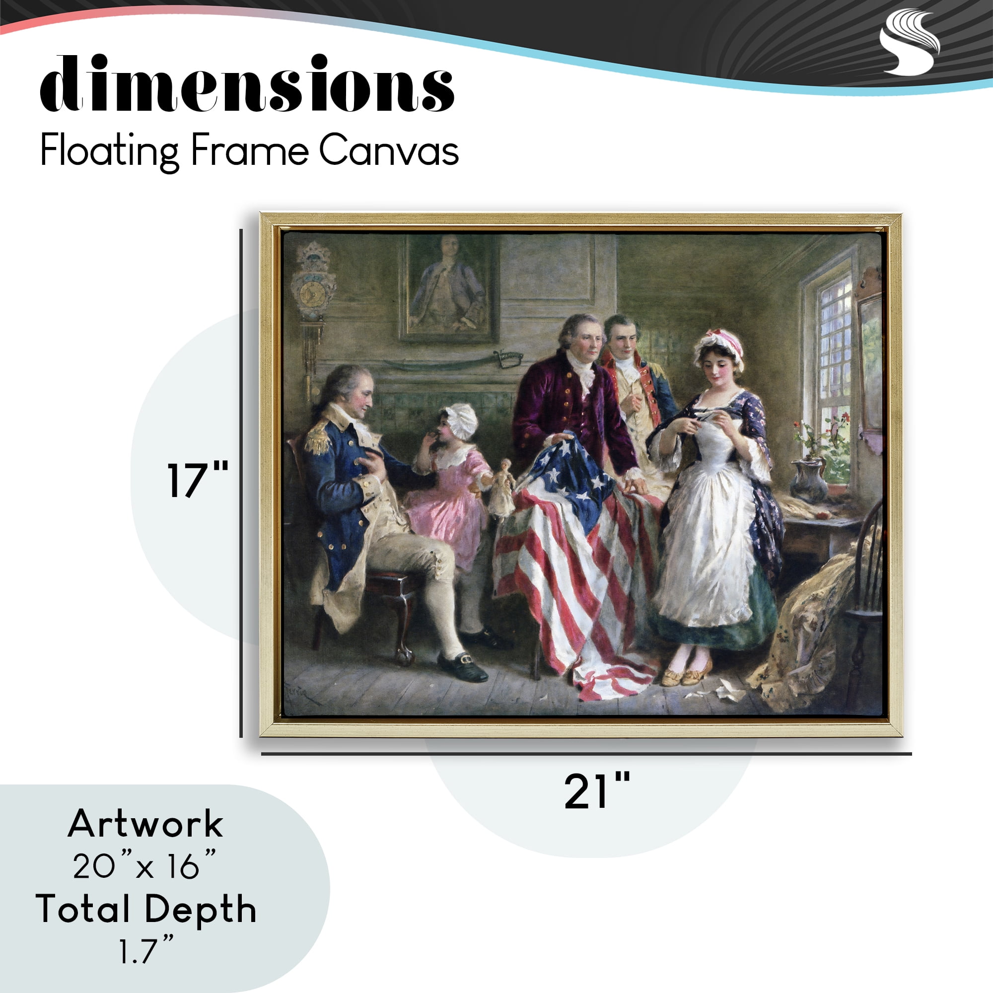 Historical Betsy Ross Gold Framed Floater Canvas Wall Art, design by Arlington Prints