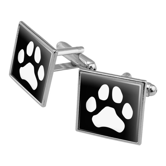 Paw Print Dog Cat White on Black Square Cufflink Set - Silver or Gold