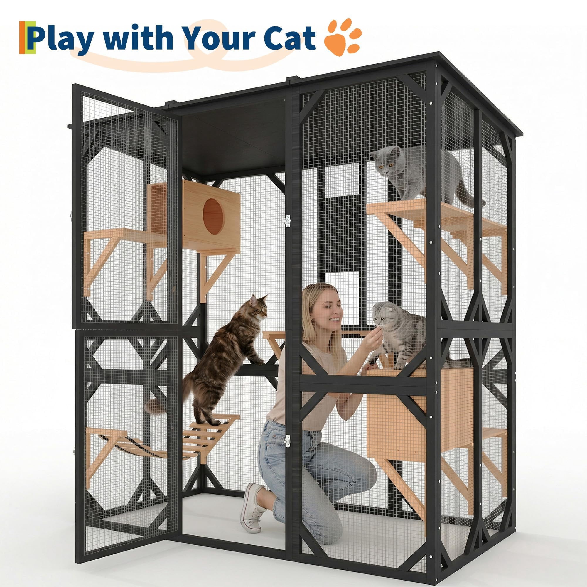 70 inch Walk-in Catio with Window Access, Extra Large Outdoor Cat Enclosure for Multiple Cats, Waterproof Roof Cattery with Bridge and Scratching Post Outside Cat Patio Playpen（ship in 2 boxes）