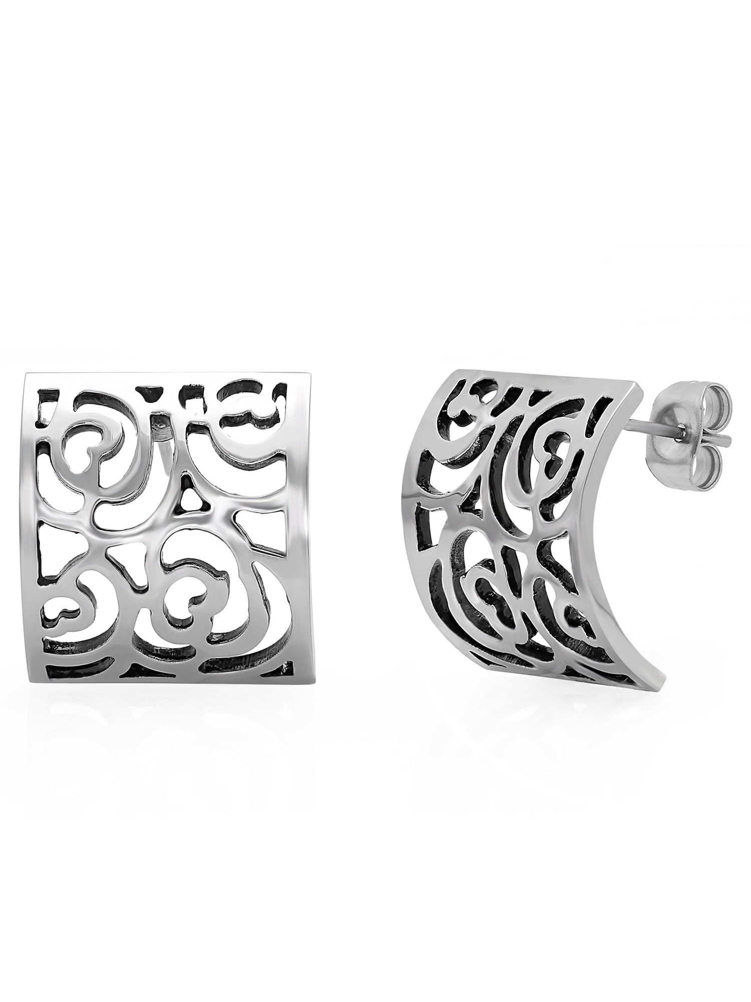 Womens Stainless Steel Silver-Tone Floral-Cut Cuff Earrings