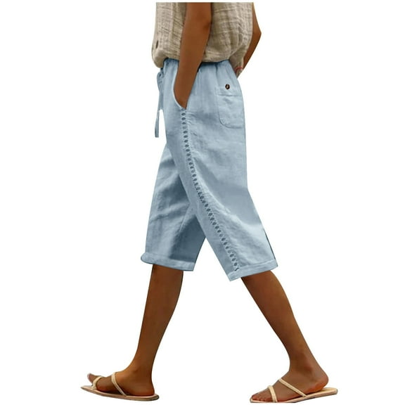RYRJJ Cotton Linen Shorts for Women Plus Size Elastic Waist Drawstring Shorts Lace Hollow Out Summer Beach Bermuda Shorts(Light Blue,XXL)