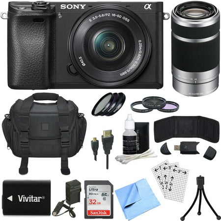 Sony Alpha a6300 ILCE-6300 4K Mirrorless Camera 16-50mm + 55-210mm Lens Bundle includes a6300 Camera, 16-50mm + 55-210mm Zoom Lens (Silver), Filter Kits, 32GB SDHC Card, Beachcamera Cloth and More!