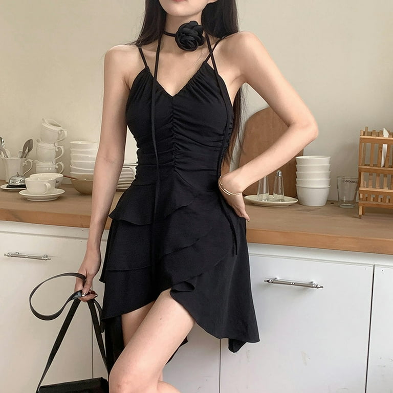 Gathered v neck suspender dress summer design sweet and cool style skirt black XL
