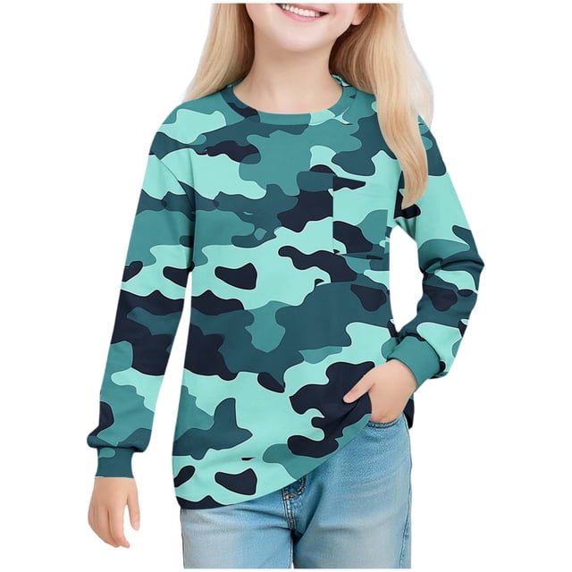 RXMEKW Chandail Imprimé pour Filles 5-14 Ans à Manches Longues Col Ras du Cou Chemise Douce Tenue Décontractée en Vert Armée