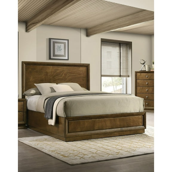 Bed Frame Strong Look Transitional Style 1pc Queen Size Bed Walnut Wooden Panel Bedframe High HB Bedroom Furniture