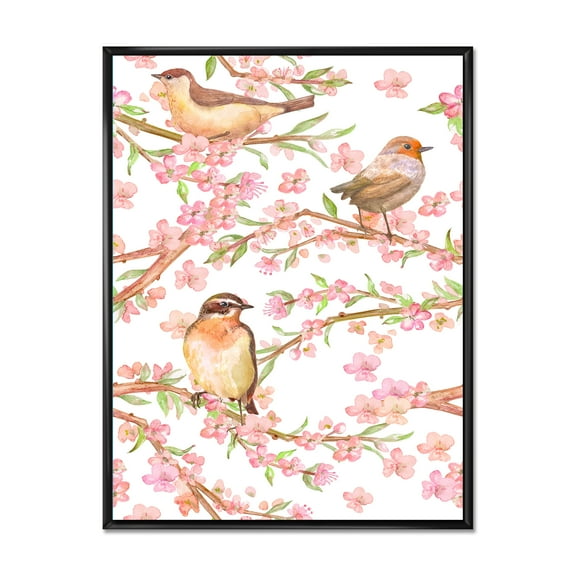 Designart 'Lovely Birds On Branches Of Flowering Almond' Traditional Framed Canvas Wall Art Print