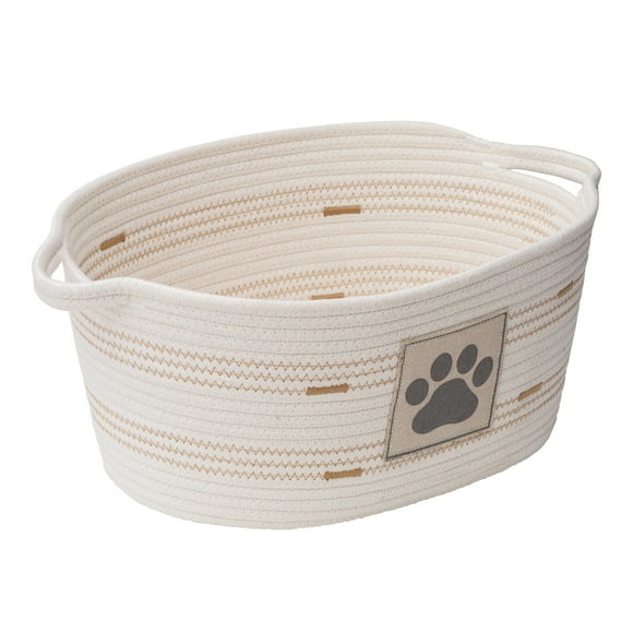 Zenna Home Coiled Rope Oval Storage Basket with Dog Paw Print Patch, Pet Theme, Ivory and Tan
