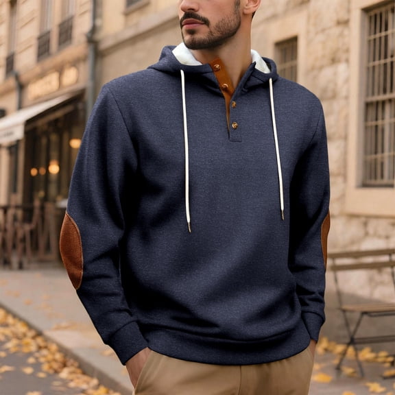 Mens Cotton Hooded Collar Drawstring Hoodies Pullover Sweatshirts (Navy L)