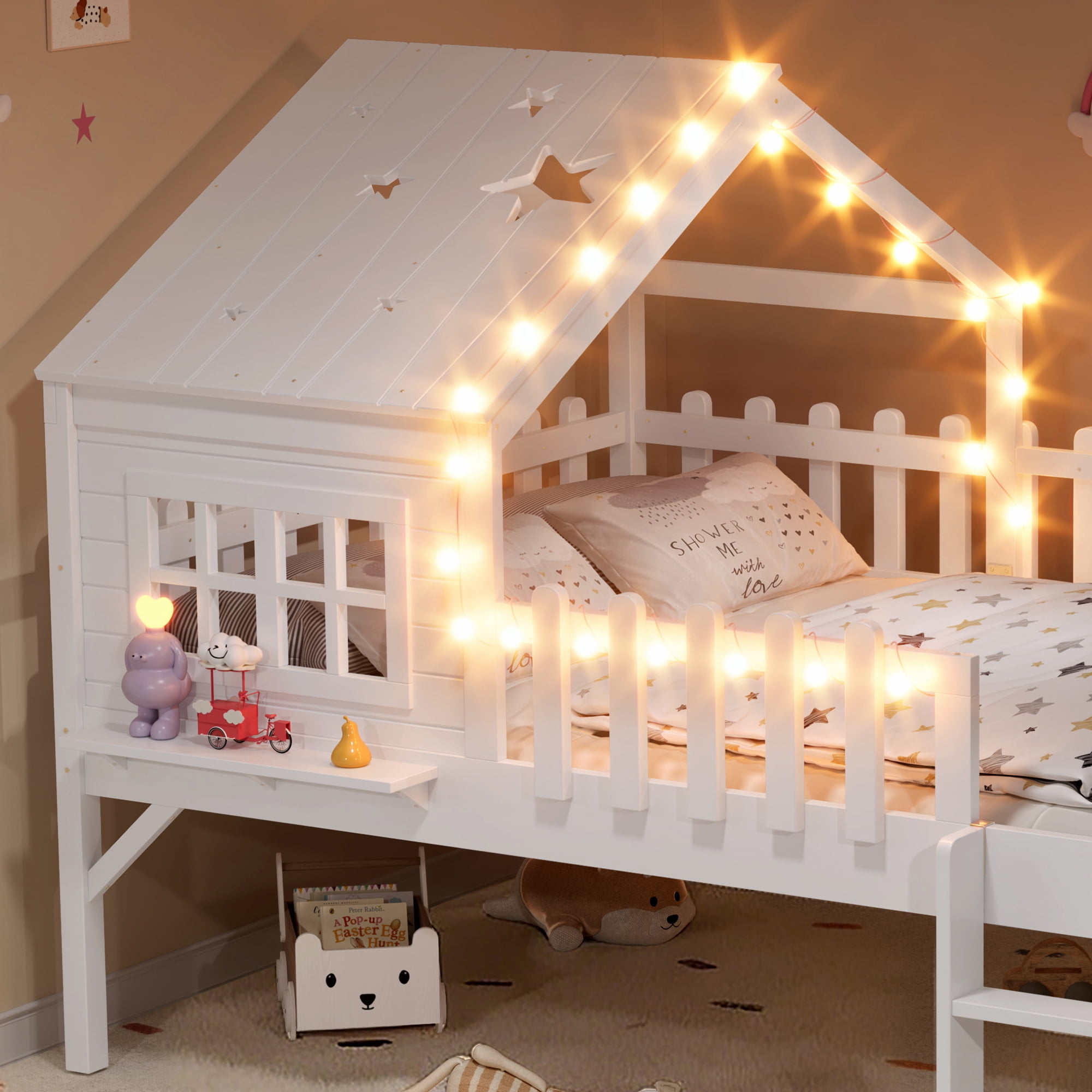 Mintazer Full Size Kids House Loft Bed with Slide & LED Lights, Modern Playhouse Bed with Star Shaped Designs & Ladder, No Box Spring Needed, White