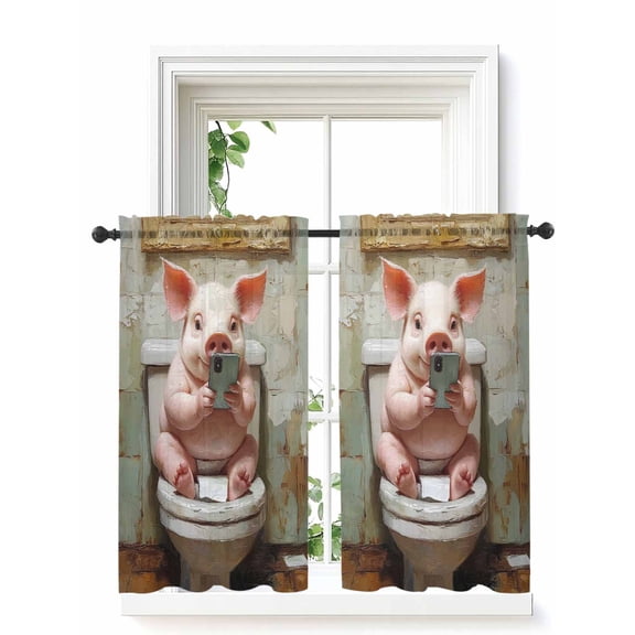 Bathroom Pig Curtains 54 Inch Length, Sheer Curtains for Bedroom Living Room Window Toilet Animals Vintage Rod Pocket Voile Drapes Kitchen Curtains Small Half Window 52"x54" 2 Panels