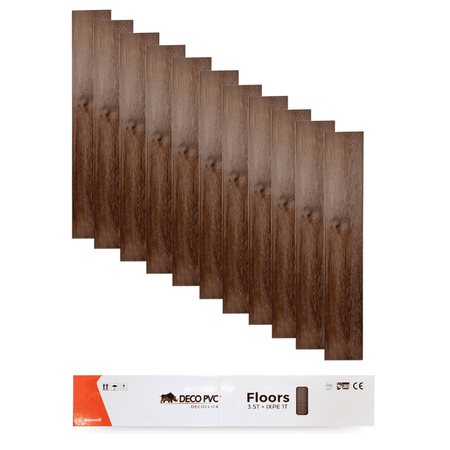ROBLE OSCURO Piso vinilico sistema click SPC estilo madera, 11 piezas, 2.45m2, resistente al agua, alto transito