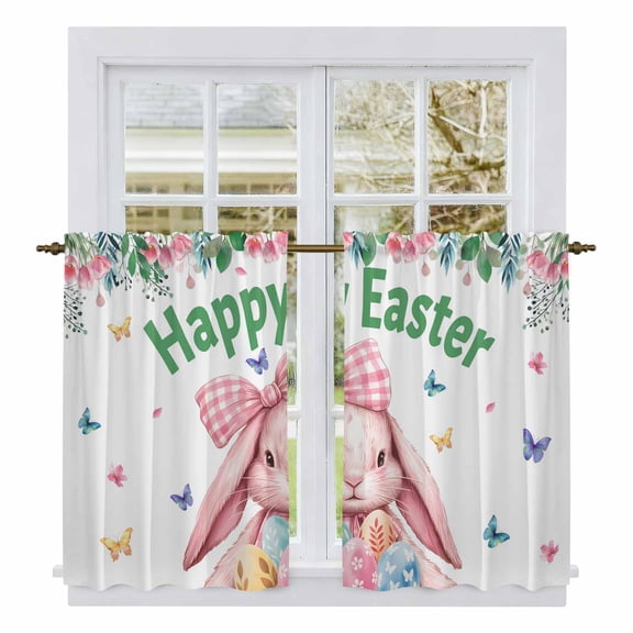Spring Easter Kitchen Curtains 45 Inch Length, Pink Cute Rabbits Flowers Eggs Butterflies Plants Tiers Curtains for Bathroom Bedroom Cafe, Light Filtering Window Treatment Drapes 2 Panels 42"Wx45"L