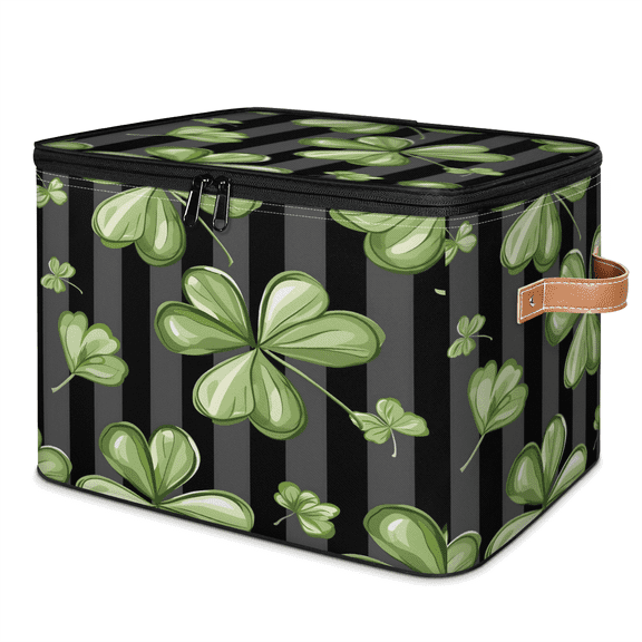 CURLYOOT Shamrocks Fabric Storage Bins with Lids, St. Patrick’s Day Foldable Storage Boxes Washable Storage Cube, Closet Bedroom Home Organizer Containers with PU Leather Handles
