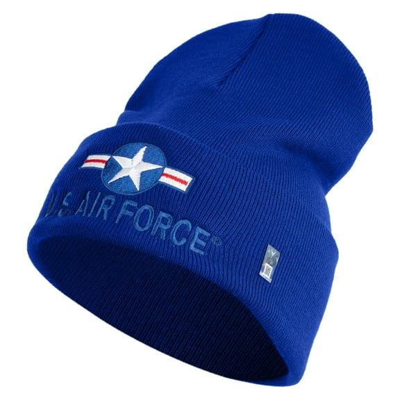 U.S. Air Force Roundel Logo Embroidered 12 Inch Solid Knit Cuff Long Beanie Made in USA - Royal Blue OSFM