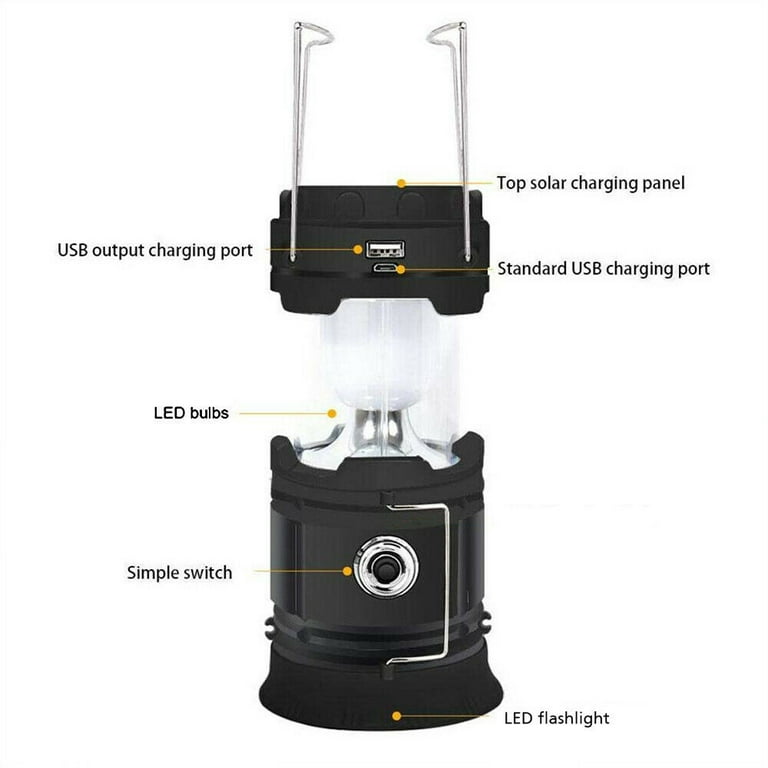 Portable LED Camping Lantern Solar Rechargeable or Power Supply, Built-in  Power Bank Compati Android Charge, Waterproof Collapsible Emergency LED  Light with Hook，2 Lighting Methods,2Pcs 
