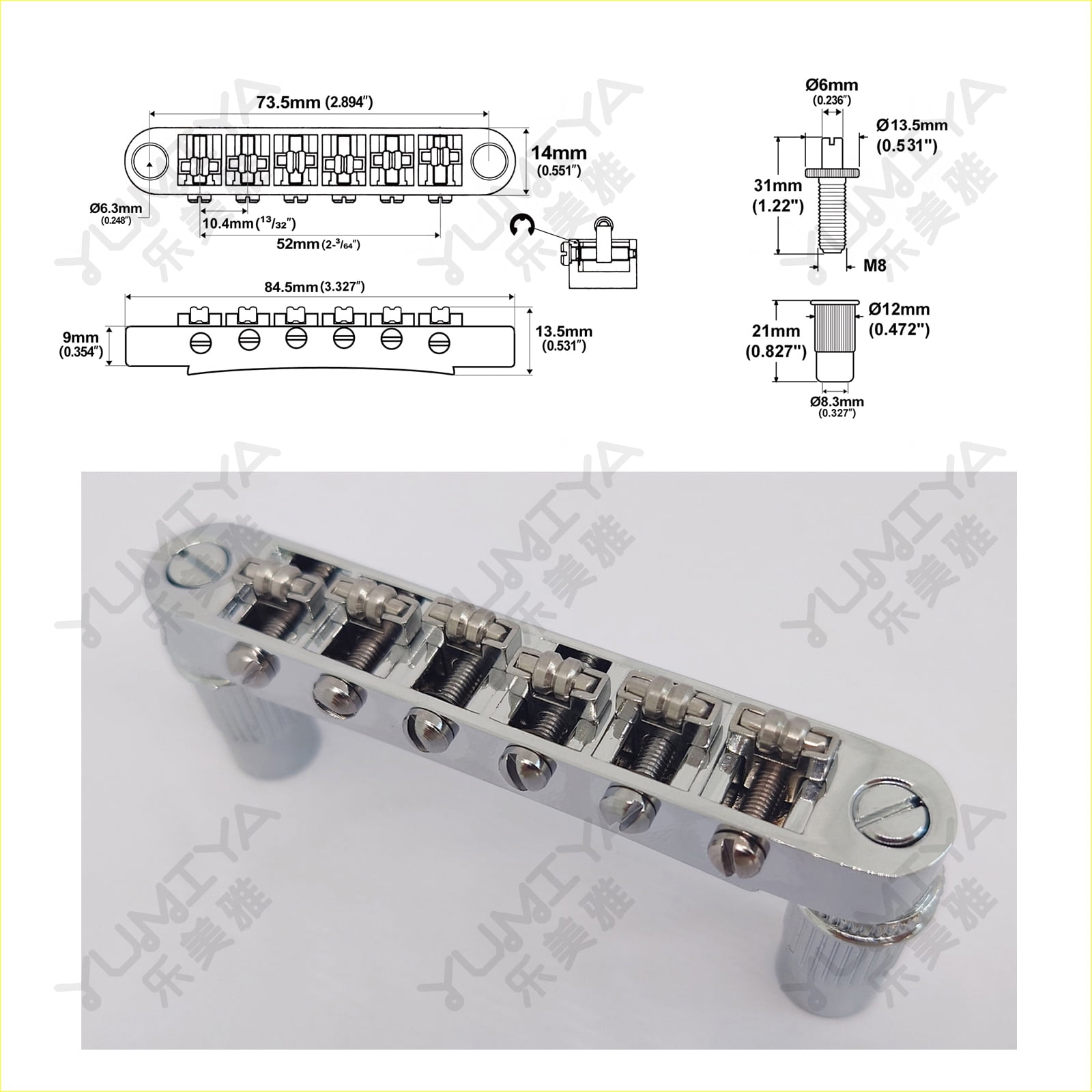 Guitar Tune-o-matic Roller Saddle Bridge Tailpiece Set Chrome for ABR LP SG EPi Electric Guitars Replacement Parts