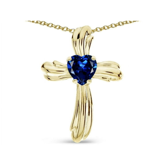 Star K� Heart Shape 6mm Created Sapphire Ribbed Cross Of Love Pendant Necklace 14k Yellow Gold