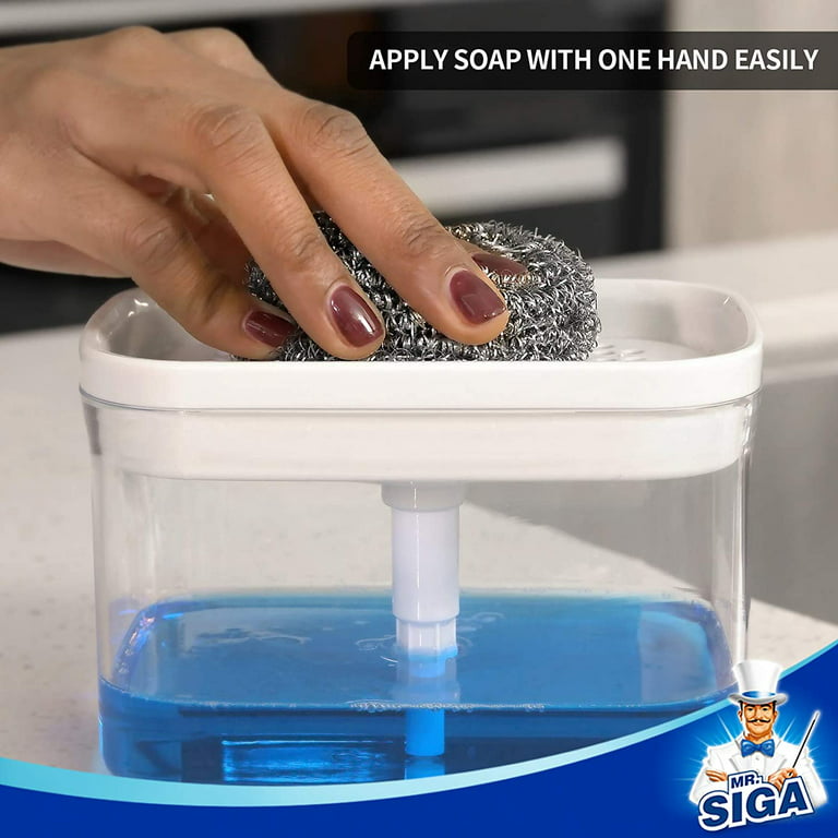 MR.Siga 2 in 1 Premium Dishwashing Soap Pump Dispenser and Sponge Holder  for Kitchen Countertop , White 