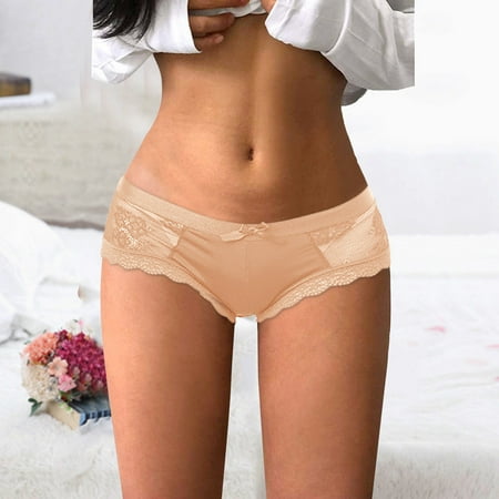 Aayomet Panties For Women Womens Thong Underwear Lace Hollowed Out T Back Low Waist Ice Silk Thong See Through Panties Beige XXL