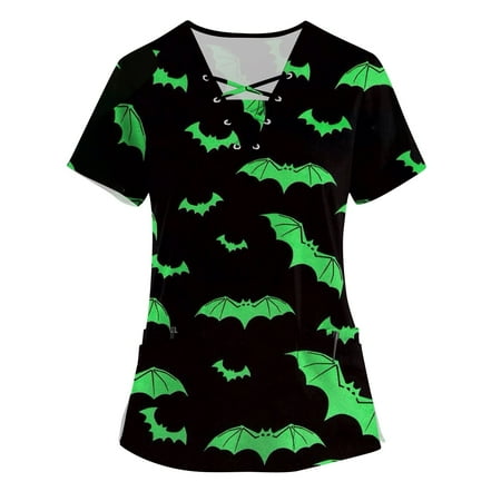 

Sksloeg Sksloeg Women s Halloween Scrubs Lace-Up V Neck Pumpkin Cat Witch Print Tops Nursing Working Uniform Short Sleeve T-Shirts Dark Green 3XL