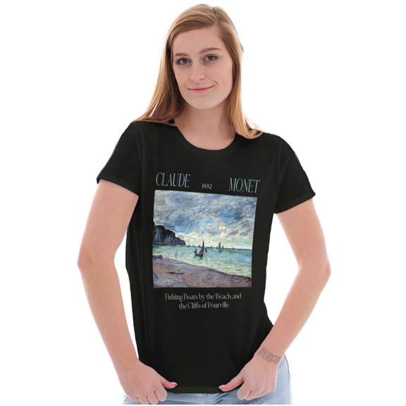 Claude Monet Fishing Boats and Cliffs Womens Slim Fit Graphic Tee Brisco Brands S