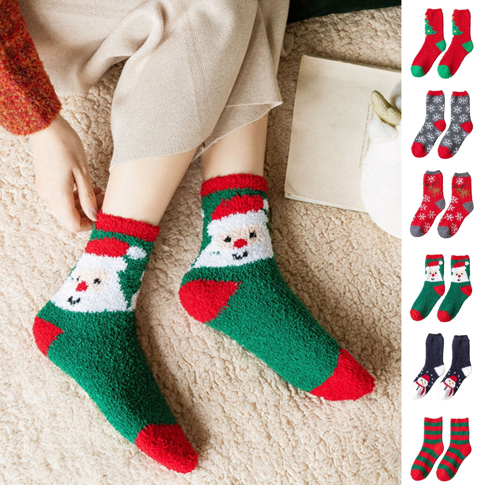 1 Pair Christmas Socks Fuzzy Cartoon Snowflake Reindeer Santa Snowman ...