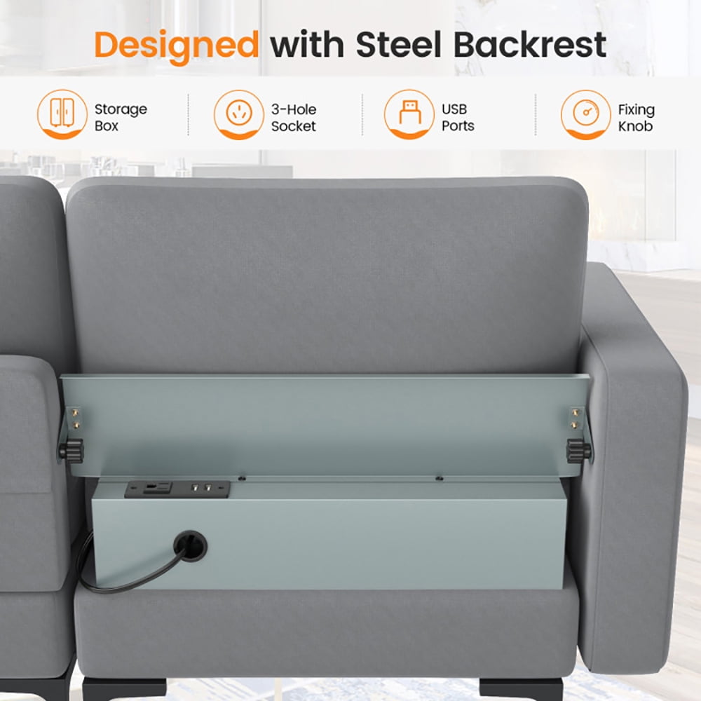 Finihen 3-Seat Sofa Couch, Modular 3-Seat Sofa Couch with Socket USB Ports and Side Storage Pocket, for Living Room, Bedroom, Gray Finihen 3-Seat Sofa Couch, Modular 3-Seat Sofa Couch with Socket USB Ports and Side Storage Pocket, for Living Room, Bedroom, Gray