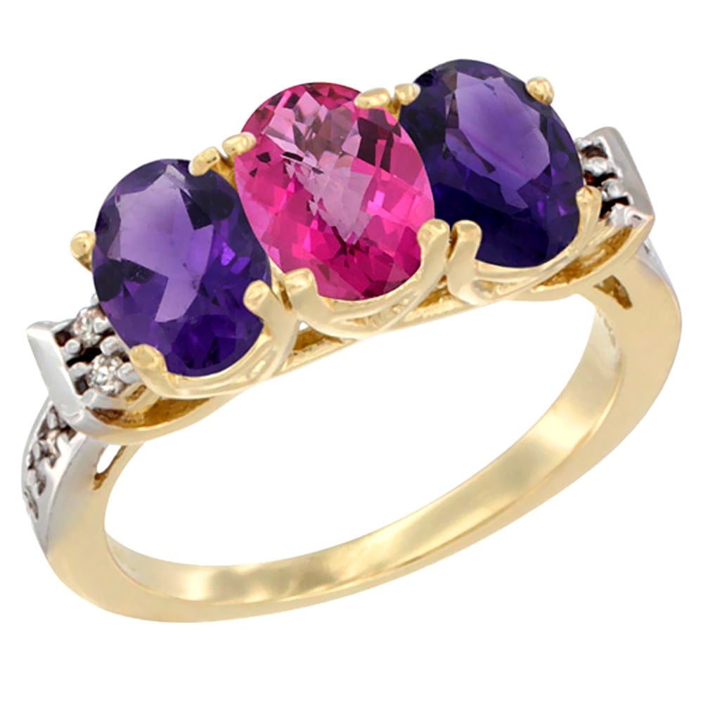 14K Yellow Gold Natural Pink Topaz & Amethyst Sides Ring 3-Stone 7x5 mm Oval Diamond Accent, sizes 5 10 by WorldJewels