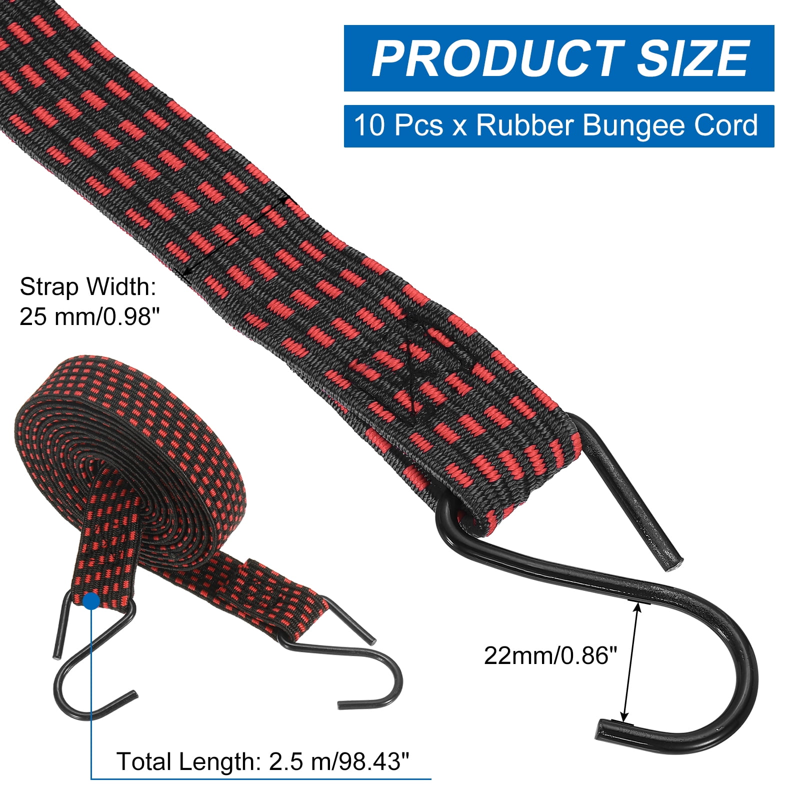 10Pack Bungee Cords, 98.43" Length Bungee Cords with Hooks 0.98" Width Adjustable Flat Elastic Rubber Bungee Straps for Luggage, Roof Racks, Tarpaulin, Moving Cargo, Camps, Tarps