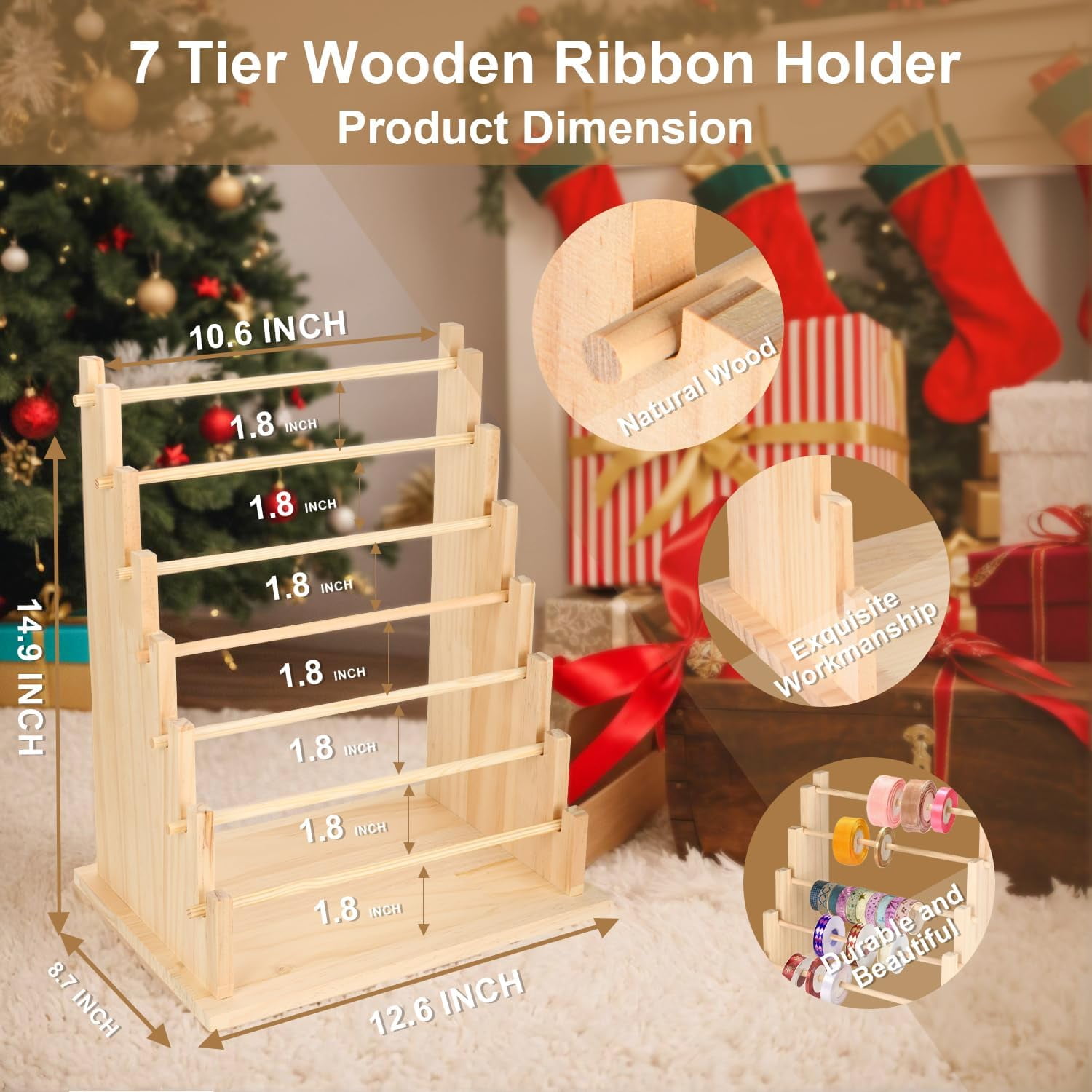 Wooden Ribbon Organizer Rack,Large Capacity Ribbon Holder, Ribbon Spool Holder Stand, Washi Tape Storage Organizer, Wooden Sewing Organizer Display Shelf for Craft Room,Cake Shop(7 Tier)