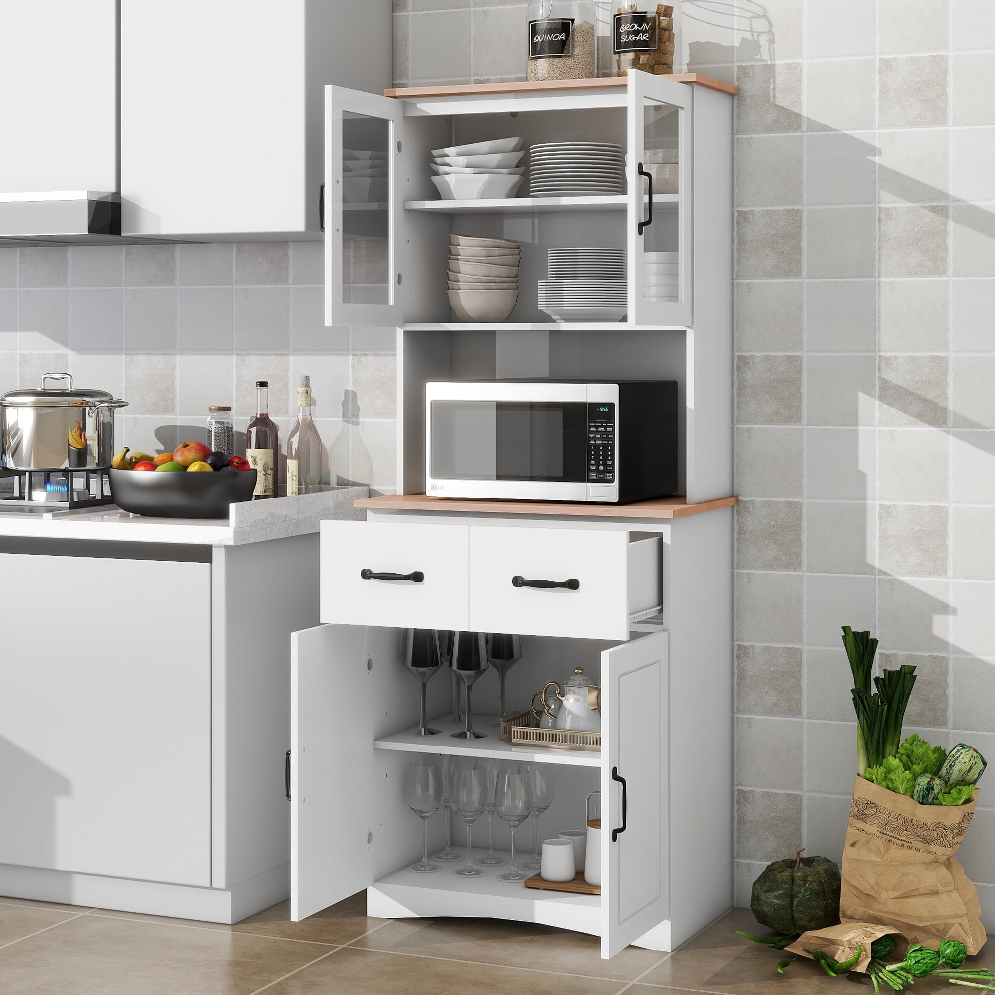 Noble House 66.9" Kitchen Pantry Cabinet with Drawers and Microwave Stand, White