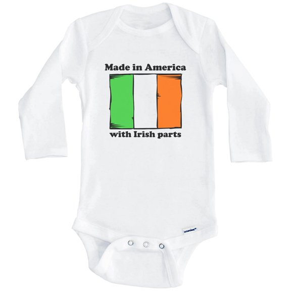 Made In America With Irish Parts Funny Ireland Flag One Piece Baby Bodysuit (Long Sleeve), 0-3 Months White