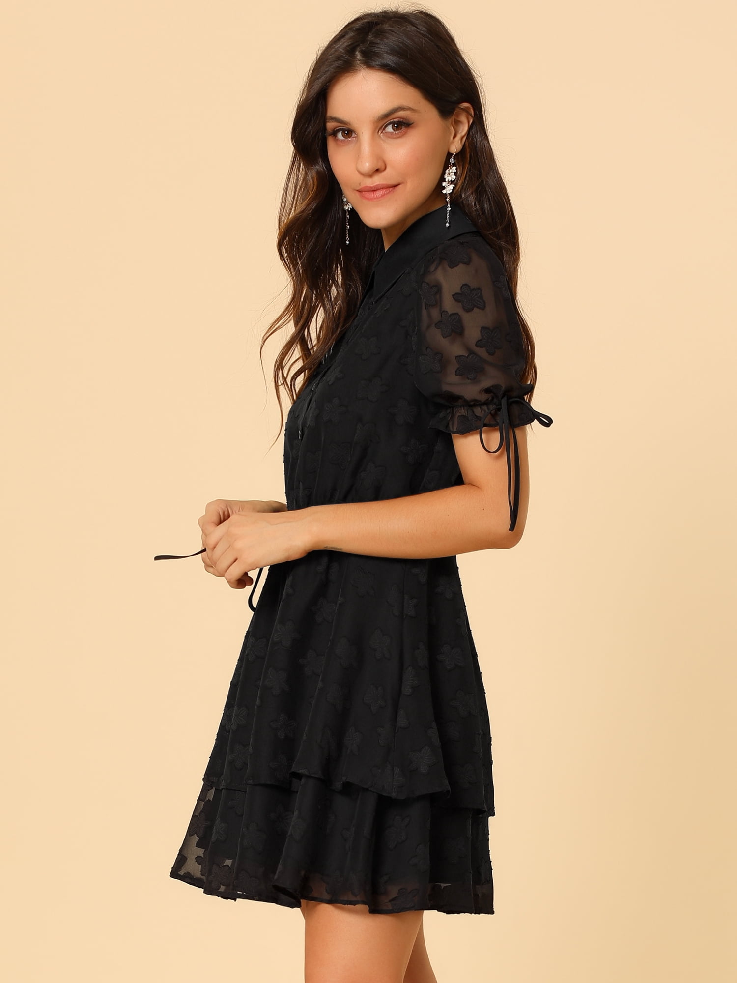 DARING DIVA Solid Short Sleeve A-Line Shirt Dress L Black