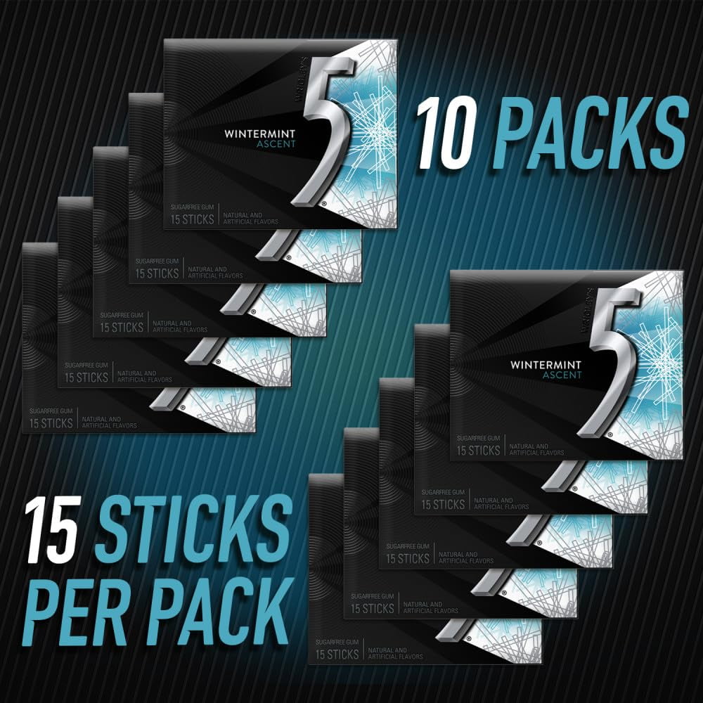 5 Gum Winter-Mint Ascent Sugar-Free Gum, 15 Count (Pack of 10)