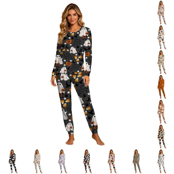 Xijirk Women Halloween Pajama Set Long Sleeve Crew Neck Top with Jogger Pants Assorted Halloween Element Print Loungewear for Sleepwear and Holiday Party,Light Gray4,S