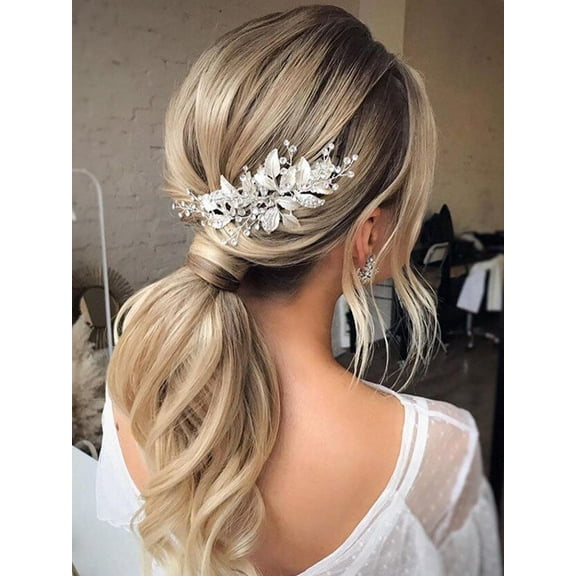 Silver Bride Wedding Hair Comb Crystal Bridal Side Comb Leaf Hair Piece Rhinestone Hair Accessories for Women and Girls (Silver)