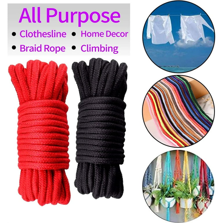 Soft Cotton Rope Cord,Casewin 2Pcs 10 M/32 feet 8 mm All Purpose Durable  Long Twisted Cotton Rope Craft Rope Thick Cotton Cord Twine Strong Braided Cord  Rope(1 Black 1 Red) 