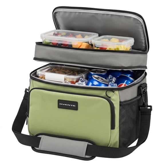 OVENTE Collapsible Soft Cooler Bag, Insulated Lunch Bag, Green CCBI024GG | With Double-Deck Leakproof Compartments, Waterproof Exterior, Portable for Work, Travel, Beach, Camping & Road Trips