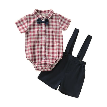 

Baby Boy Clothes 6 Months Baby Boys Summer Short Outfit Sets 9 Months Short Sleeve Lapel Plaid Prints Romper Tops Suspender Shorts 2PCS Set Red