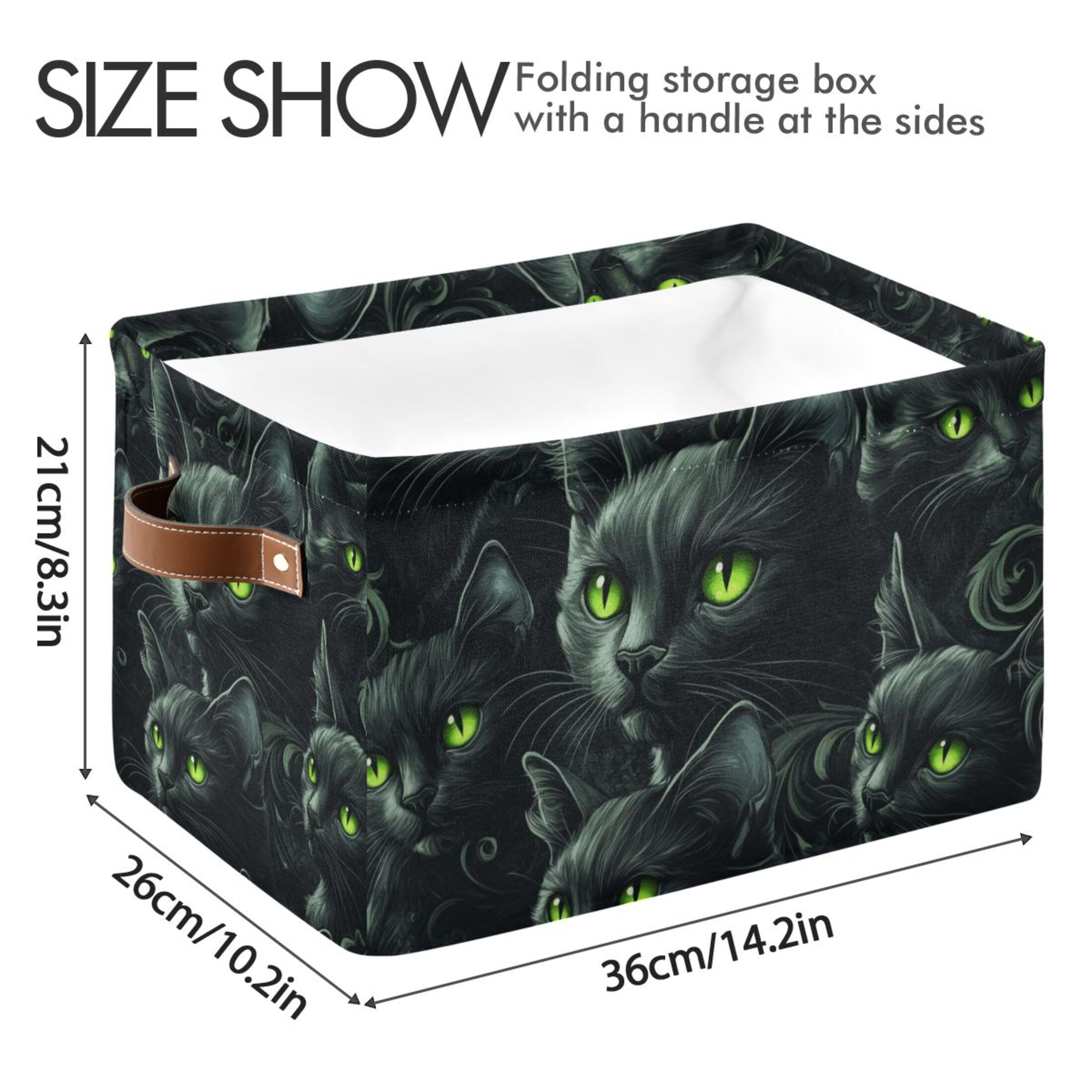 WOBOGO Dark Pattern with Black Cats Square Storage Basket with Waterproof Canvas and PE Lining Durable PU Leather Handles 14.2×10.2×8.3in