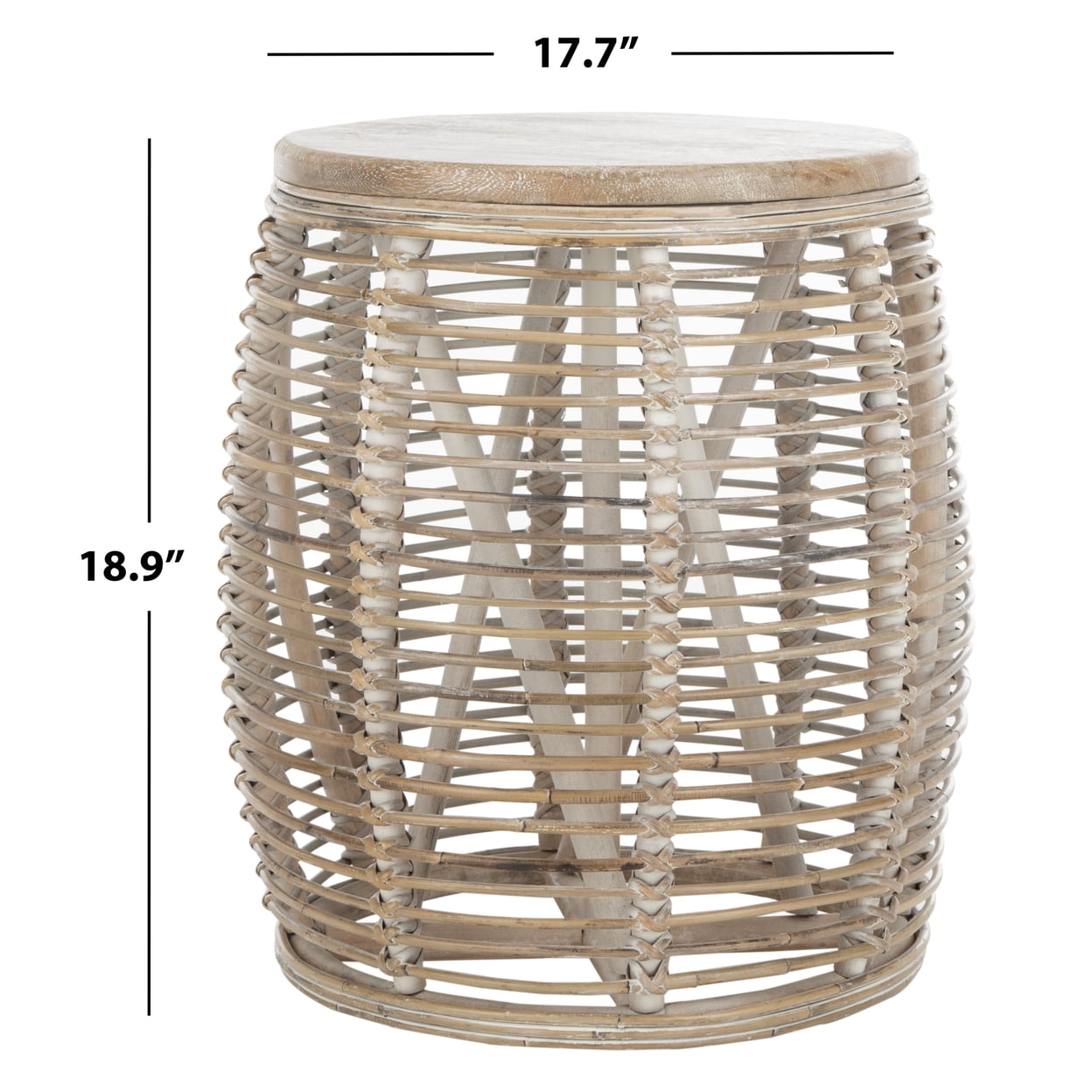 SAFAVIEH Maui Nautical Rattan Round Drum Stool Table, Grey White Wash