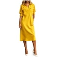 thumbnail image 2 of Dolkfu Collared Dresses for Women Trendy Shirt Dress Elbow-Length Yellow Mid-Length Dresses Refined Modern Solid Relaxed Fit Garments Yellow,M, 2 of 5