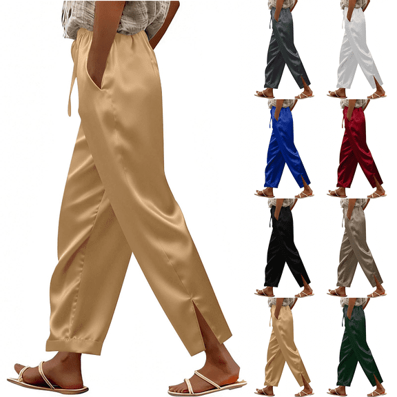 Endives Satin Pants For Women Casual Tie Elastic High Waisted Cropped Pant With Pockets Summer Slacks