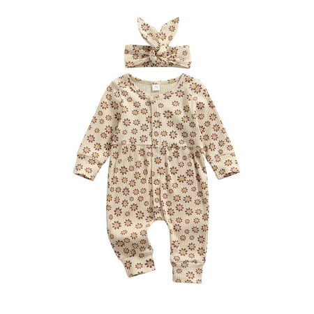 

Calsunbaby 2PCS Infant Newborn Baby Boys Girls Flower Print Long Sleeve O-Neck Jumpsuit Bowknot Headband