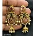 thumbnail image 2 of South Indian Gold Plated Matte Finish Pearl Temple Jhumka Earrings Jewelry, 2 of 4