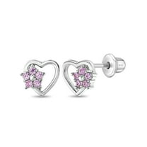 Heart & Flower Pink Baby / Toddler / Kids Earrings Screw Back - Sterling Silver