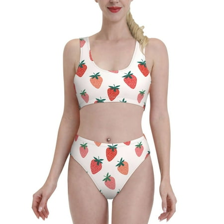 Lsque Hand Drawn Strawberry print Women s Bikini Tankini Set 2 Piece - Split Sports Swimsuit - Scoop Neck Bathing Suit - XX-Large