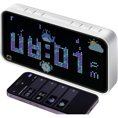 PixelRise Smart Alarm Clock for Bedroom,Pixel Art LED Dot Matrix Display, Weather Temperature Animation, Loud Dual Alarm for Heavy Sleeper, Sleep White Noise, WiFi Weather & DST Time Sync, App
