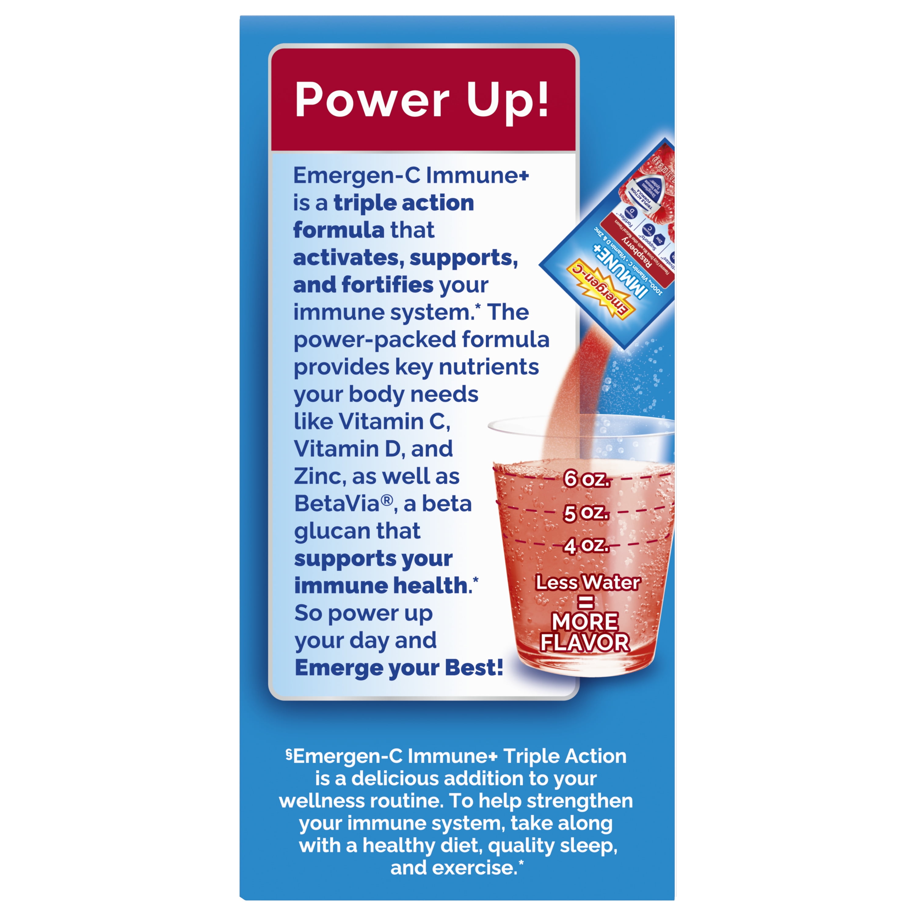 Emergen-C Immune+ Triple Action Immune Support Powder with BetaVia and Antioxidants, 1000mg Vitamin C, Raspberry, 10 Count