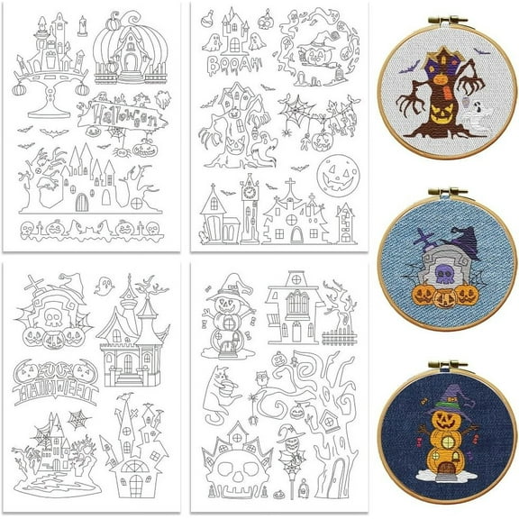 Water Soluble Embroidery Patterns for Beginners Castle Pumpkin 4 Sheets with 28pcs Wash Away Stick and Stitch Embroidery Pattern Stabilizer for Hand Sewing Lover Women Adults Colorful DIY